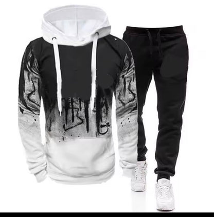 New Trendy Printed Hoodie Set for Men, Featuring a Large Size Hooded Sweatshirt Perfect for Autumn And Winter Casual Sports, Plus Size