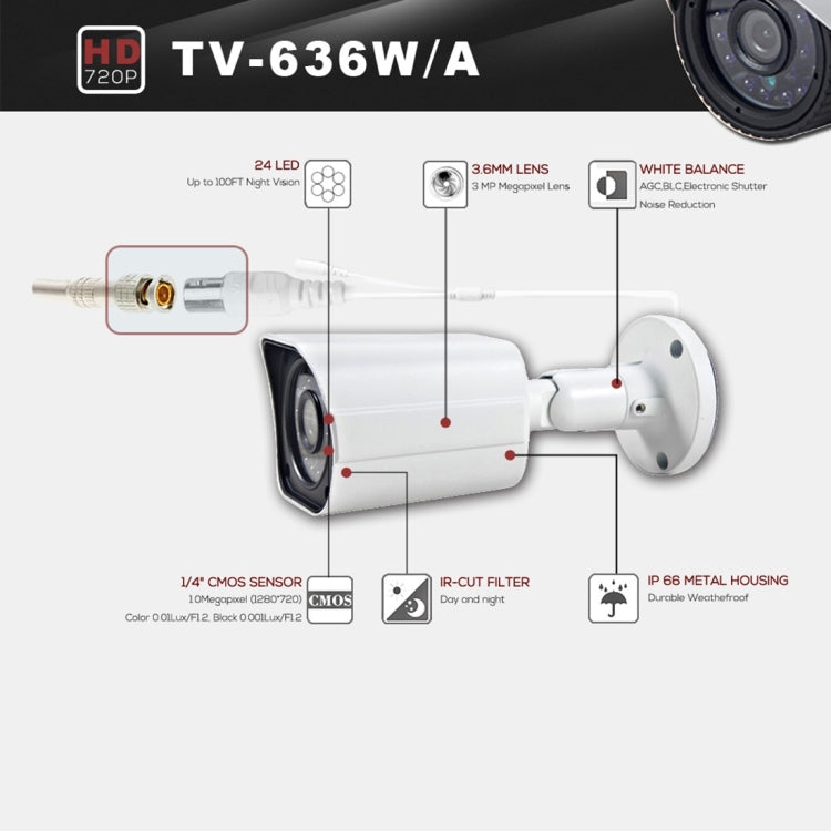 636A CE & RoHS Certificated Waterproof  3.6mm 3MP Lens AHD Camera with 24 IR LED, Support Night Vision & White Balance, 636A-W, 636A-L, 636A-H2