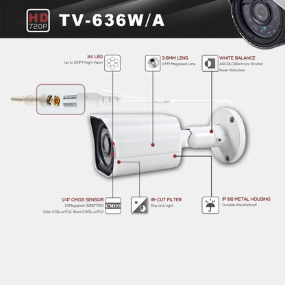 636A CE & RoHS Certificated Waterproof  3.6mm 3MP Lens AHD Camera with 24 IR LED, Support Night Vision & White Balance, 636A-W, 636A-L, 636A-H2