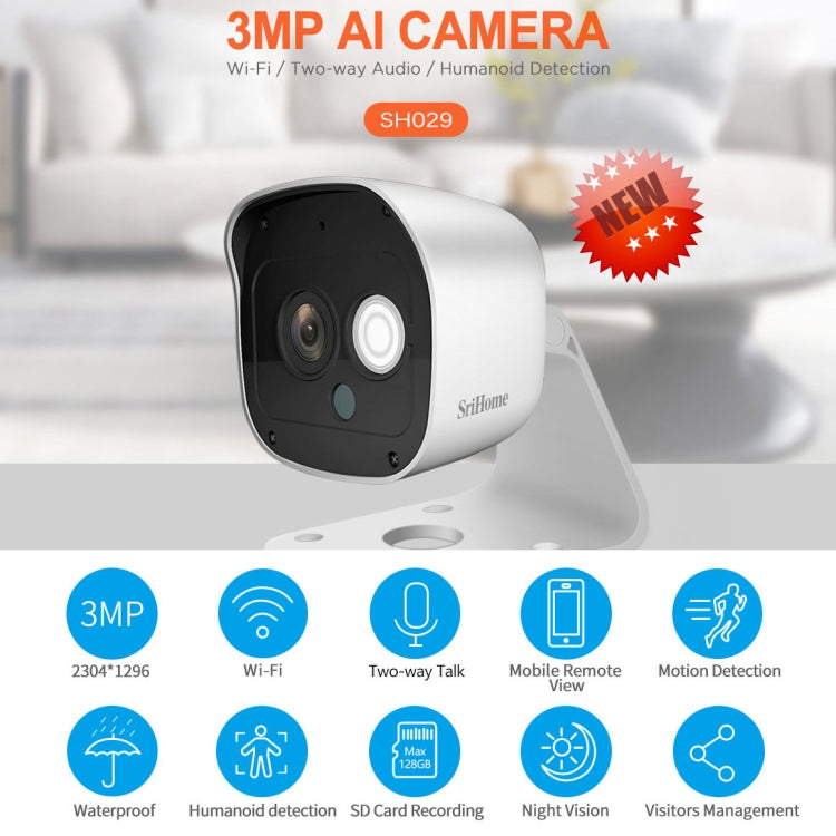 SriHome SH029 3.0 Million Pixels 1296P HD AI Camera, Support Two Way Talk / Motion Detection / Humanoid Detection / Night Vision / TF Card, AU Plug, SH029