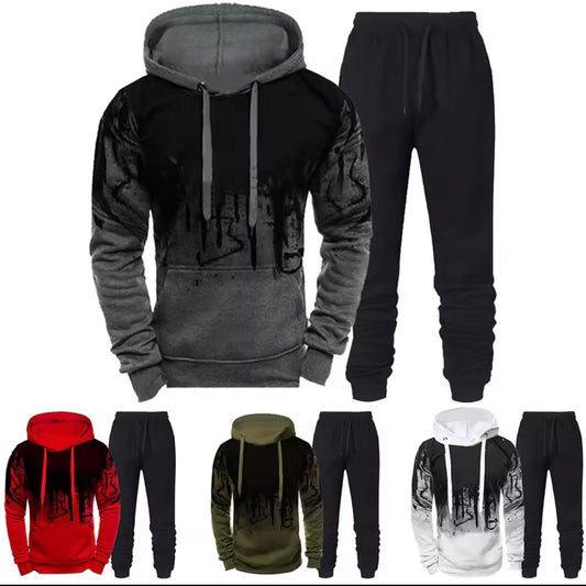 New Trendy Printed Hoodie Set for Men, Featuring a Large Size Hooded Sweatshirt Perfect for Autumn And Winter Casual Sports, Plus Size