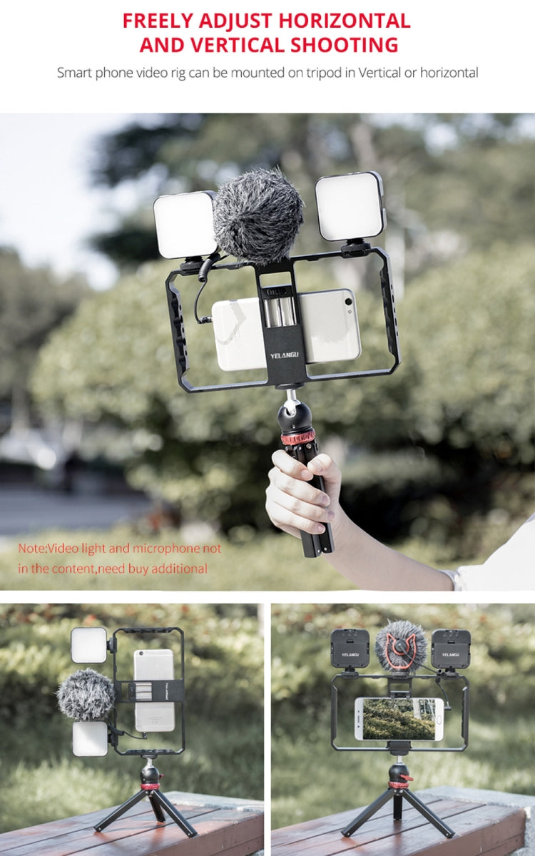 YELANGU  PC06 YLG0909A Vlogging Live Broadcast Smartphone Metal Cage Video Rig Filmmaking Recording Handle Stabilizer Bracket for iPhone, Galaxy, Huawei, Xiaomi, HTC, LG, Google, and Other Smartphones, YLG0909A