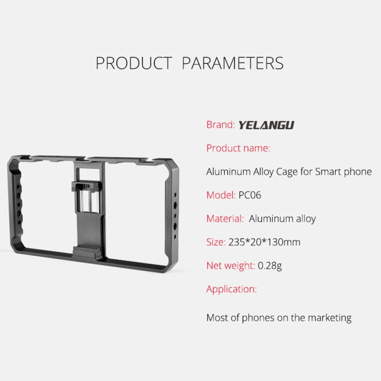 YELANGU  PC06 YLG0909A Vlogging Live Broadcast Smartphone Metal Cage Video Rig Filmmaking Recording Handle Stabilizer Bracket for iPhone, Galaxy, Huawei, Xiaomi, HTC, LG, Google, and Other Smartphones, YLG0909A