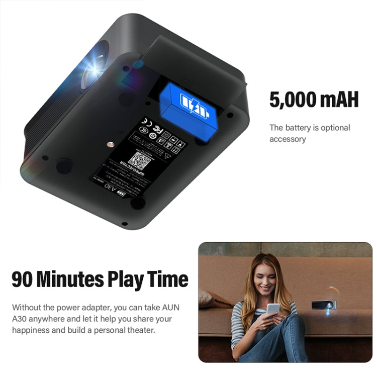 AUN A30C Pro 480P 3000 Lumens Sync Android Phone with Battery Version Portable Home Theater LED HD Digital Projector, Sync Screen with Battery