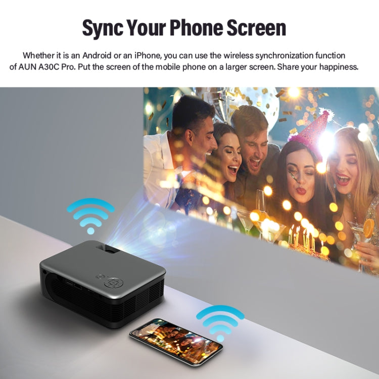 AUN A30C Pro 480P 3000 Lumens Sync Android Phone with Battery Version Portable Home Theater LED HD Digital Projector, Sync Screen with Battery