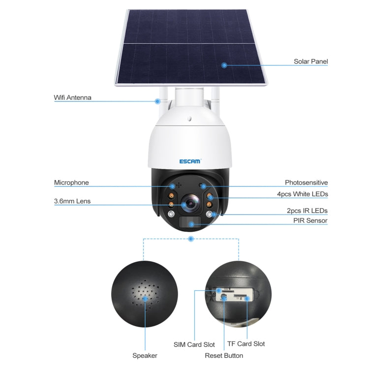 ESCAM QF724 3MP 24h Recording Cloud Storage PT 4G PIR Alarm IP Camera with Solar Panel, US Plug, EU Plug