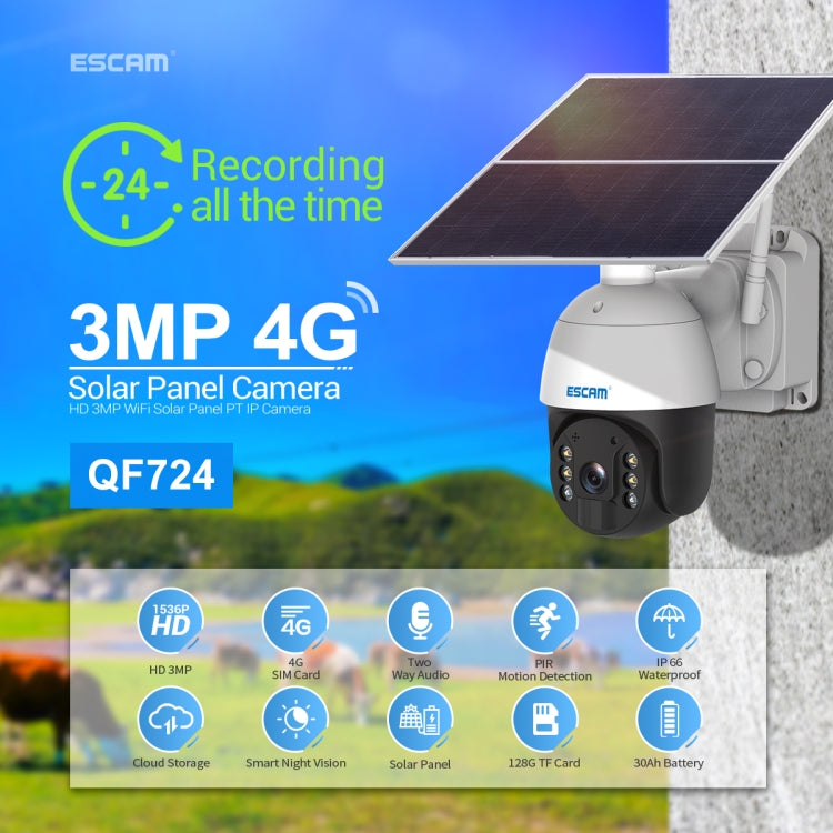 ESCAM QF724 3MP 24h Recording Cloud Storage PT 4G PIR Alarm IP Camera with Solar Panel, US Plug, EU Plug