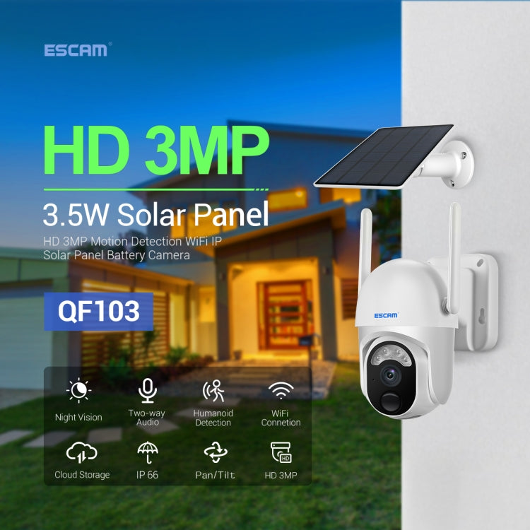 ESCAM QF103 3MP Cloud Storage PT WIFI PIR Alarm IP Camera with Solar Panel Battery Support Full Color Night Vision & Two Way Audio, QF103