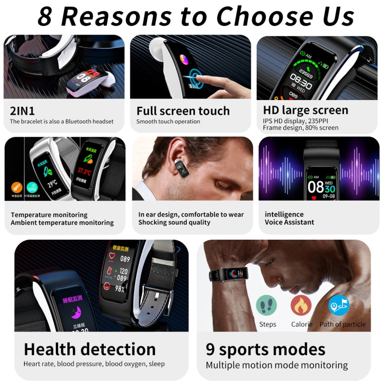 K60 1.08 inch Silicone and Earphone Detachable Life Waterproof Smart Watch Support Bluetooth Call, Silicone Band (Black), Silicone Band (Black Silver)