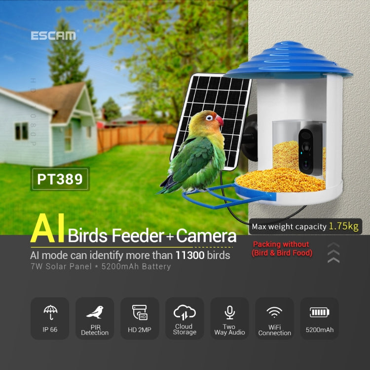 ESCAM PT389 IP66 Waterproof 2MP PIR Motion Detection Two-way Audio Night Vision WiFi Camera with AI Bird Recognition Bird Watching House, PT389