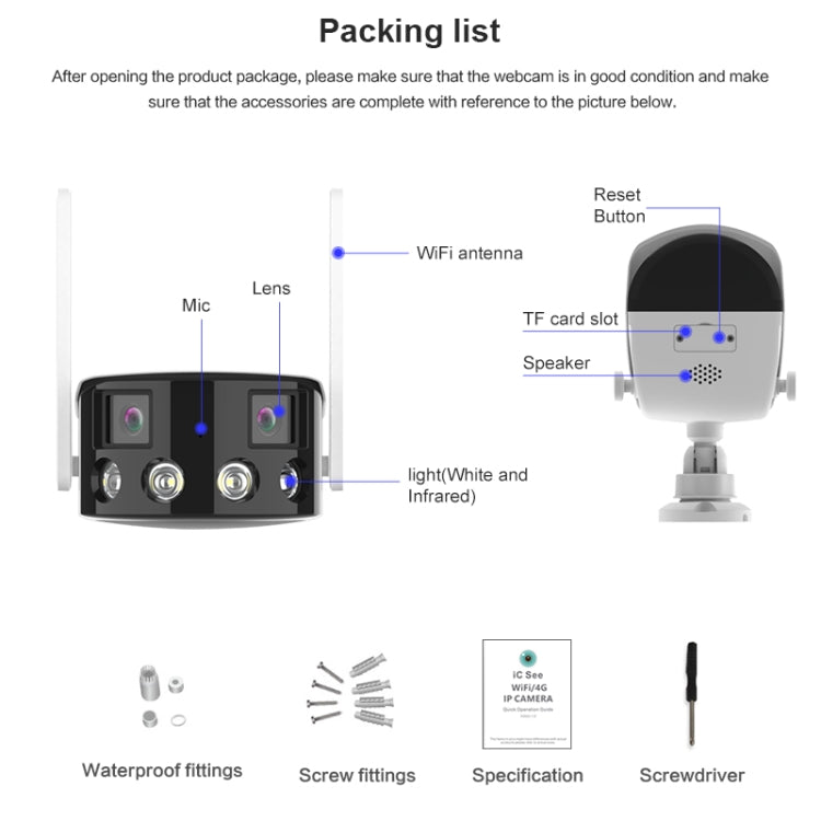 Q38 WIFI Humanoid Recognition AI Alarm 180 Degree Dual 2MP IP Camera, AU Plug, US Plug, EU Plug, UK Plug