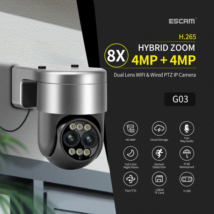 ESCAM G03 2x4MP Dual Lens Zoom 8X Dual Light Source WiFi Camera Support Two-way Voice & Motion Detection, EU Plug, US Plug, UK Plug, AU Plug