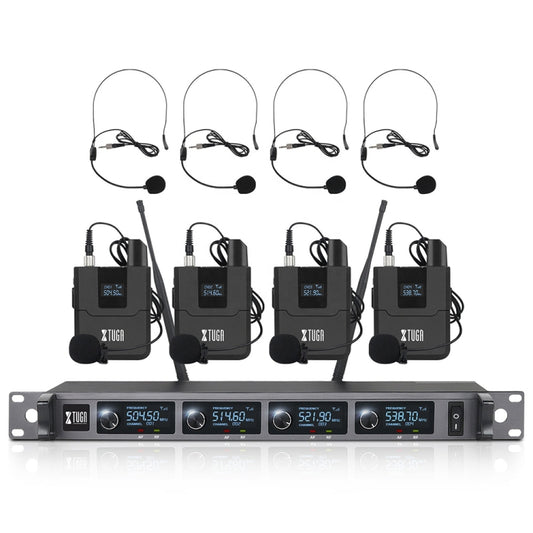 XTUGA A140-B Wireless Microphone System 4 BodyPack Headset Lavalier Microphone, A140-B