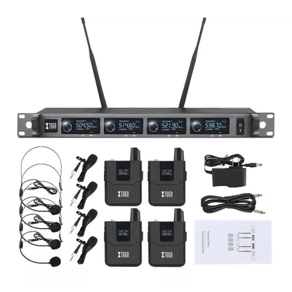 XTUGA A140-B Wireless Microphone System 4 BodyPack Headset Lavalier Microphone, A140-B