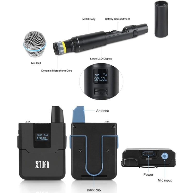 XTUGA A140-B Wireless Microphone System 4 BodyPack Headset Lavalier Microphone, A140-B