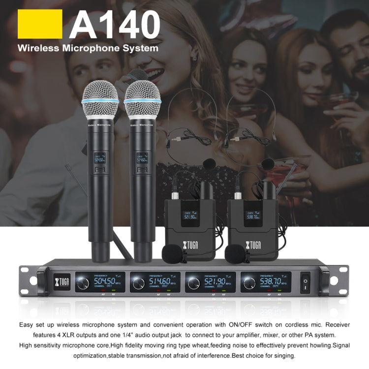 XTUGA A140-H Wireless Microphone System 4 Channel UHF Handheld Microphone, A140-H