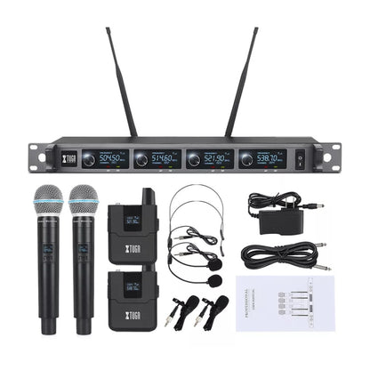 XTUGA A140-HB Wireless Microphone System 4 Channel Handheld Lavalier Headset Microphone, A140-HB