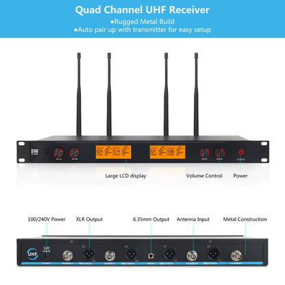 XTUGA A400-HB Professional 4-Channel UHF Wireless Microphone System with 2 Handheld & 2 Headset Microphone, A400-HB