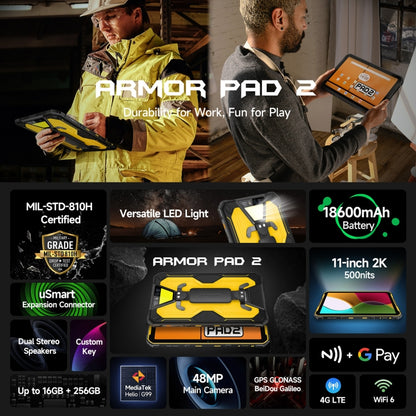 Ulefone Armor Pad 2 Rugged Tablet PC, 16GB+256GB 11 inch Android 13 MediaTek Helio G99 Octa Core 4G Network, US Plug, Armor Pad 2, Armor Pad 2 (Yellow), UK Plug