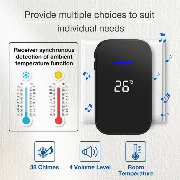 C302B One to One Home Wireless Doorbell Temperature Digital Display Remote Control Elderly Pager, US Plug, EU Plug, UK Plug