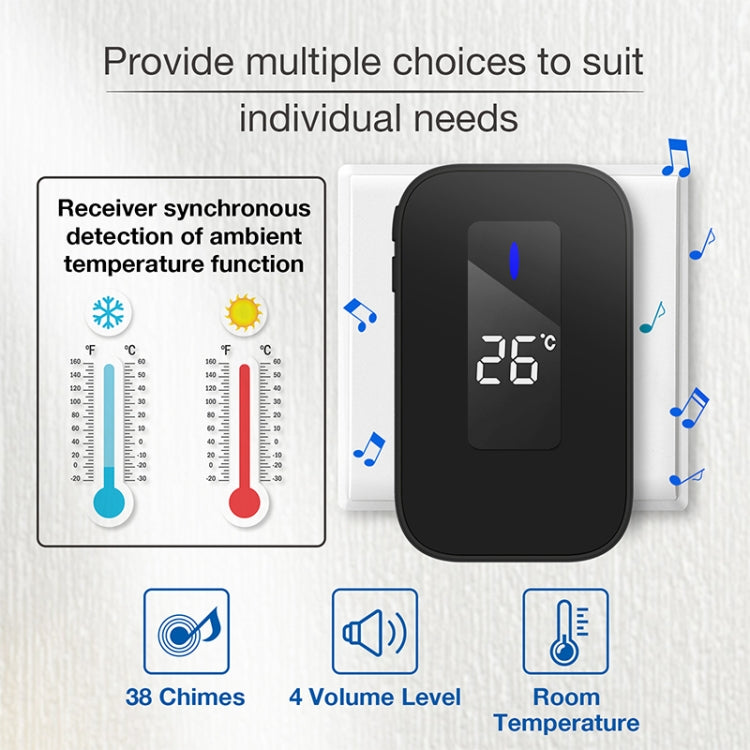 C303B One to One Home Wireless Doorbell Temperature Digital Display Remote Control Elderly Pager, US Plug, EU Plug, UK Plug