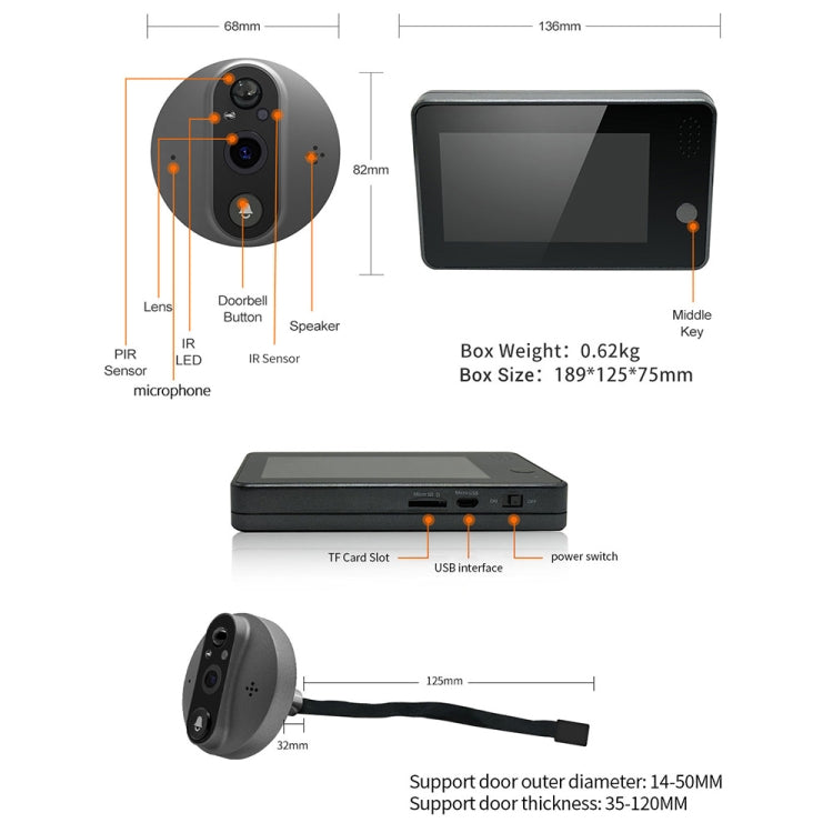 ESCAM C86 1080P 4.3 inch Smart WiFi Digital Door Viewer Supports Wide-Angle PIR & Night Vision & Dingdong Photo, C86