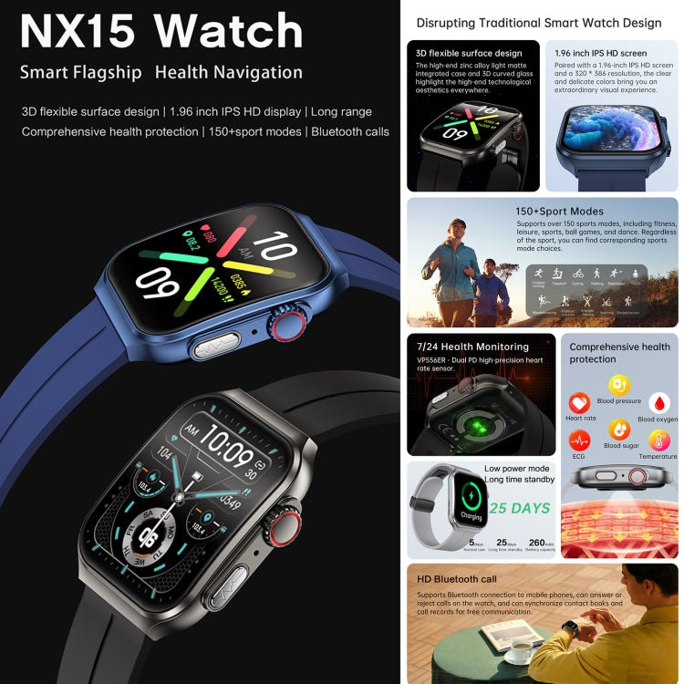 NX15 Smart Watch, 1.96 inch, BT Call / Heart Rate / Blood Pressure / Blood Oxygen