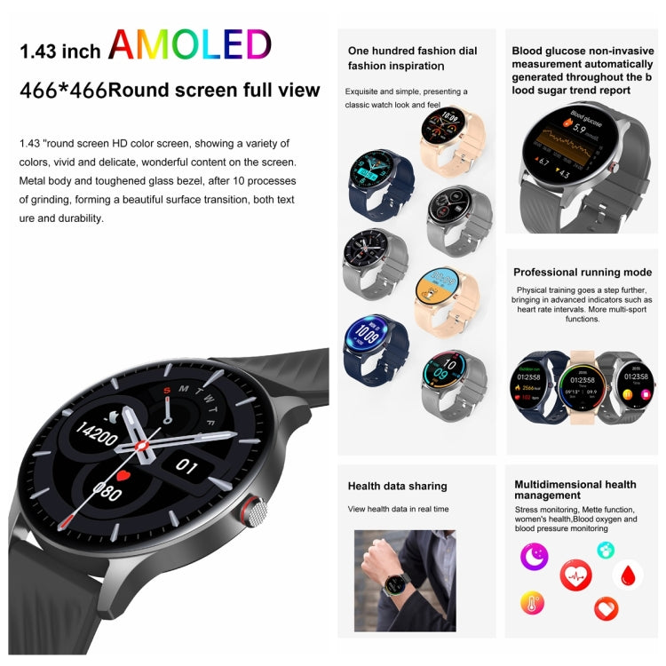 YK02 1.43 inch AMOLED Screen Smart Watch, BT Call / Heart Rate / Blood Pressure / Blood Oxygen