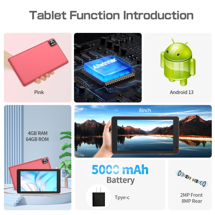 Pritom B8 WiFi Tablet PC 8 inch, Android 13 Allwinner A523 Octa Core CPU Support Google Play, 4GB+64GB, B8 WiFi