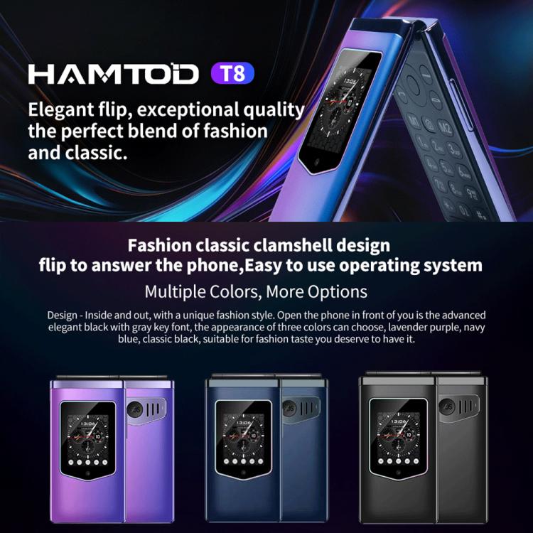 HAMTOD T8 4G Flip Phone, 2.8 inch + 1.77 inch, VoLTE, BT, SOS, OTG, EU Version, US Version