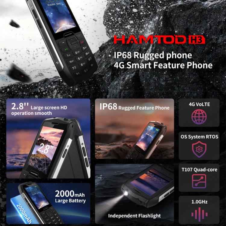 HAMTOD H3 Rugged Phone, 2.8 inch T107 ARM CortexTM A7 Quad-core 1.0GHz, Network: 4G, VoLTE, BT, SOS, EU Version, US Version