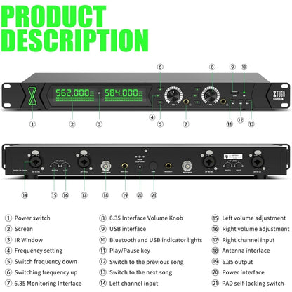 XTUGA RW2090 Professional Stage Wireless 2 Channel In Ear Monitoring System 2 in 1, US Plug, EU Plug, AU Plug, UK Plug