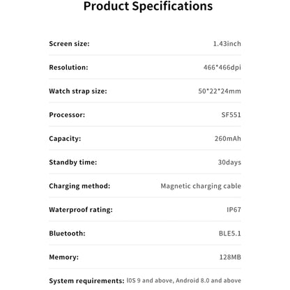 J45 1.43 inch BT5.1 Smart Sport Watch, Support Sleep / Heart Rate / Blood Oxygen / Blood Pressure Health Monitor