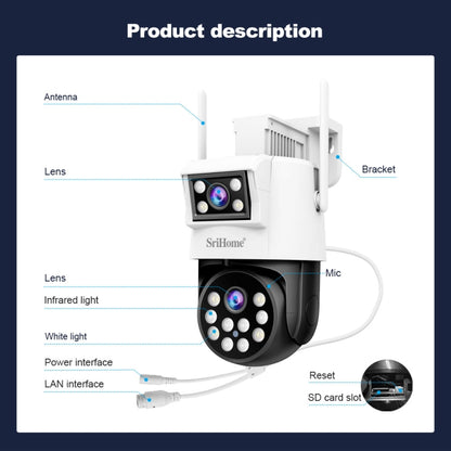 SriHome SH048 2MP + 2MP Humanoid Tracking Smart Night Vision Dual Lens IP Camera, SH048