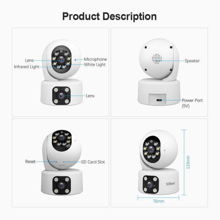 SriHome SH049 2MP + 2MP Humanoid Tracking Smart Night Vision Dual Lens HD IP Camera, SH049