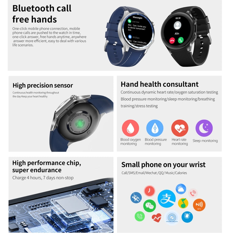 HD Watch X 1.43 inch IP68 BT5.3 Sport Smart Watch, Support Bluetooth Call / Sleep / Blood Oxygen / Heart Rate / Blood Pressure Health Monitor, Black Steel + Black Silicone Strap, Black Leather + Black Silicone Strap, Silver Steel + Blue Silicone Strap