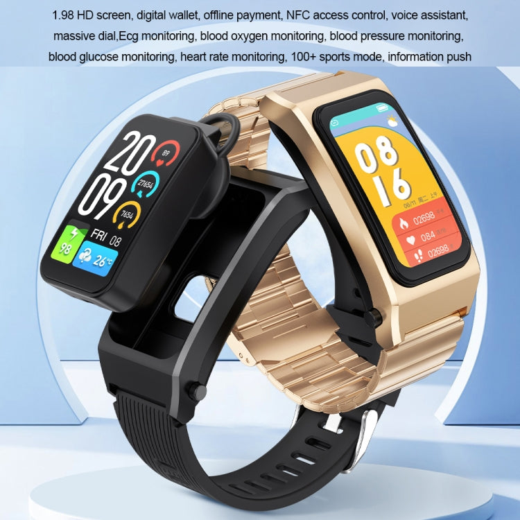 A8 1.98 inch 2 in 1 Bluetooth Earphone Steel Strap Smart Watch, Support ECG / NFC