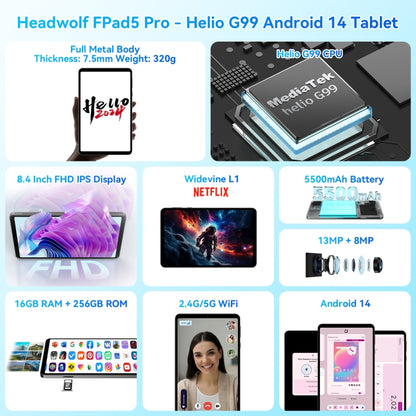 HEADWOLF Fpad5 Pro 4G LTE Tablet PC, 8.4 inch Android 14 MT6789 Octa Core Support Dual SIM, Global Version with Google Play, Fpad5 Pro