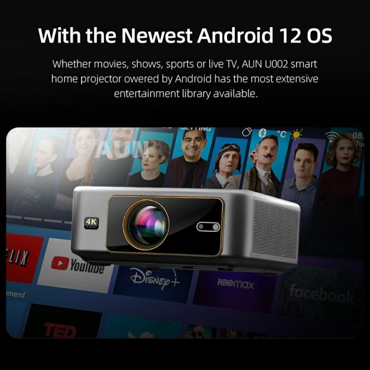 AUN U002 1920x1080P 970ANSI Android 12 Home Theater Smart Projector, US Plug, UK Plug, AU Plug, EU Plug