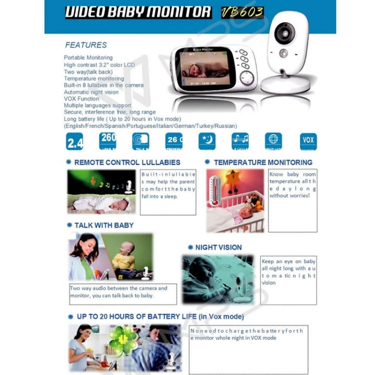 VB603 3.2 inch LCD 2.4GHz Wireless Surveillance Camera Baby Monitor, Support Two Way Talk Back, Night Vision, VB603