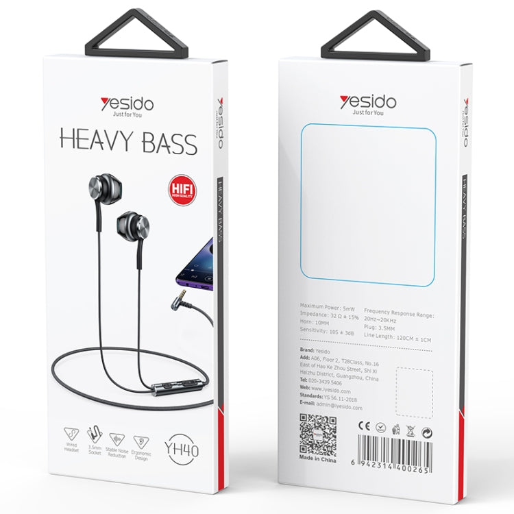 Yesido YH40 3.5mm Plug Wired HiFi Sound Music Earphones with Mic, YH40