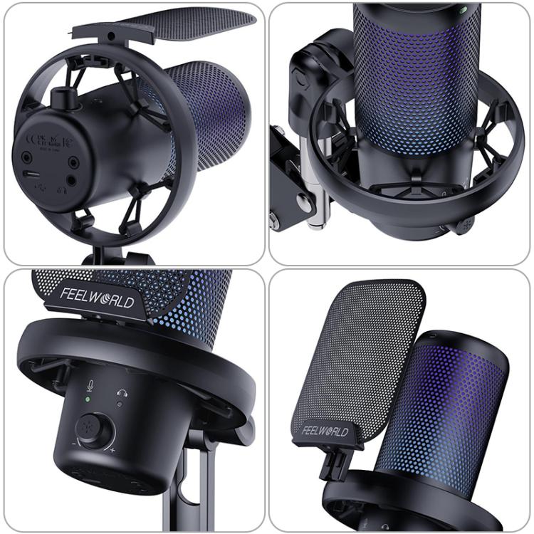 FEELWORLD VM1 USB Condenser Gaming Microphone for Streaming Noise Cancellation Mute RGB Light Boom Arm Stand, VM1-AS