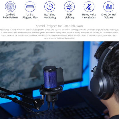 FEELWORLD VM1 USB Condenser Gaming Microphone for Streaming Noise Cancellation Mute RGB Light Boom Arm Stand, VM1-AS