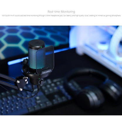 FEELWORLD VM1 USB Condenser Gaming Microphone for Streaming Noise Cancellation Mute RGB Light Boom Arm Stand, VM1-AS