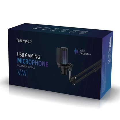 FEELWORLD VM1 USB Condenser Gaming Microphone for Streaming Noise Cancellation Mute RGB Light Boom Arm Stand, VM1-AS