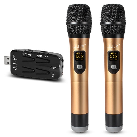 J.I.Y 2 in 1 K Song Wireless Microphones for TV PC with Audio Card USB Receiver and LED Display, 2 in 1 Gold