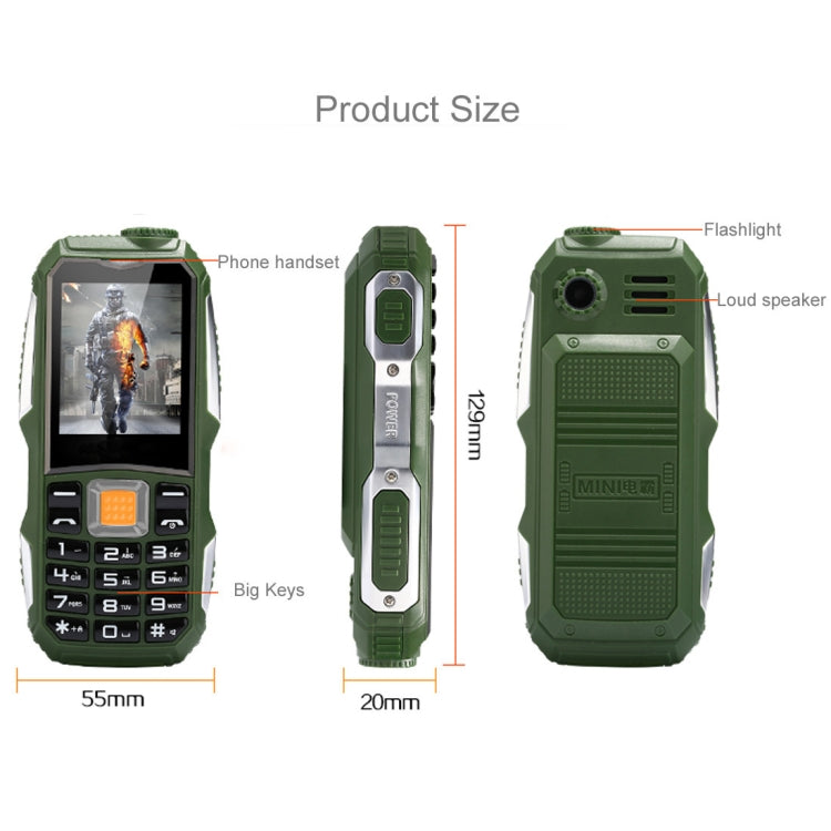 Waterproof Shockproof Dustproof, 3800mAh Battery, 1.8 inch, 21 Keys, LED Flashlight, FM, Dual SIM