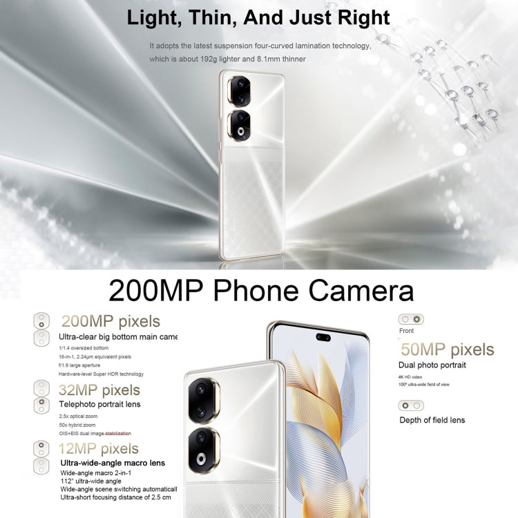 Triple Back Cameras + Dual Front Cameras, Screen Fingerprint Identification, 6.78 inch Magic UI 7.1 Android 13 Qualcomm Snapdragon 8+ Gen 1 Octa Core up to 3.0GHz, Network: 5G, OTG, NFC, Not Support Google Play, Honor 90 Pro 5G 16GB+256GB