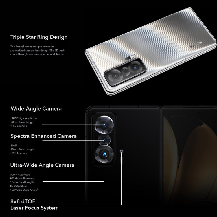 Triple Back Cameras, Fade ID & Side Fingerprint Identification, 7.9 inch + 6.45 inch Magic UI 6.0 (Android 12) Qualcomm Snapdragon 8 Gen1 4nm Octa Core up to 2.995GHz, Network: 5G, OTG, NFC, Not Support Google Play, 12GB+512GB