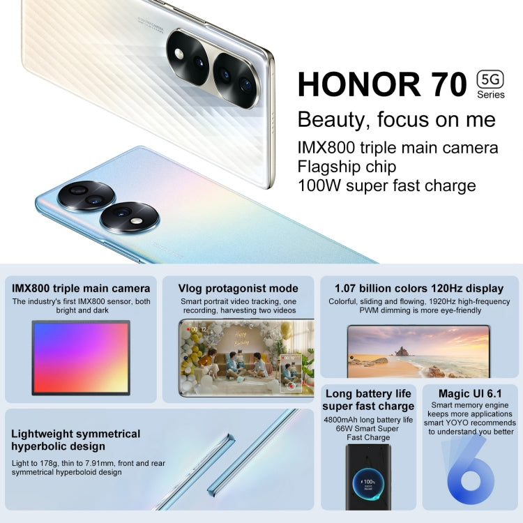 Triple Back Cameras, Screen Fingerprint Identification,  6.67 inch Magic UI 6.1 Qualcomm Snapdragon 778G Plus Octa Core up to 2.5GHz, Network: 5G, OTG, NFC, Not Support Google Play, Honor 70 5G 12GB+256GB, 12GB+256GB